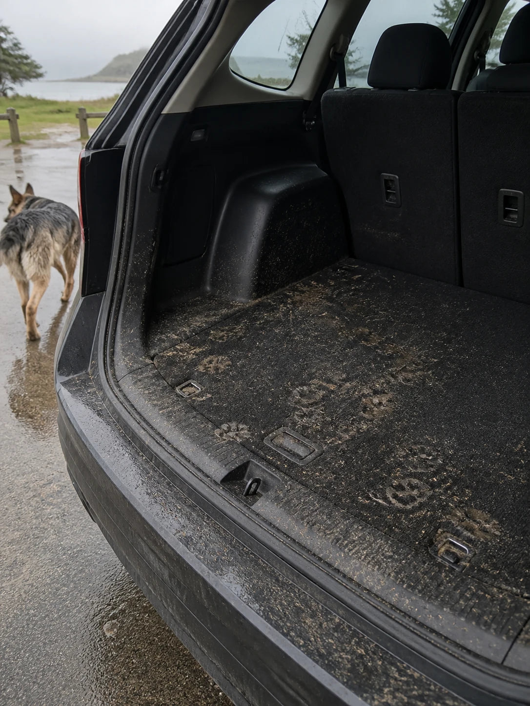 Muddy paw prints, wet grit and dog hair across an unprotected SUV boot